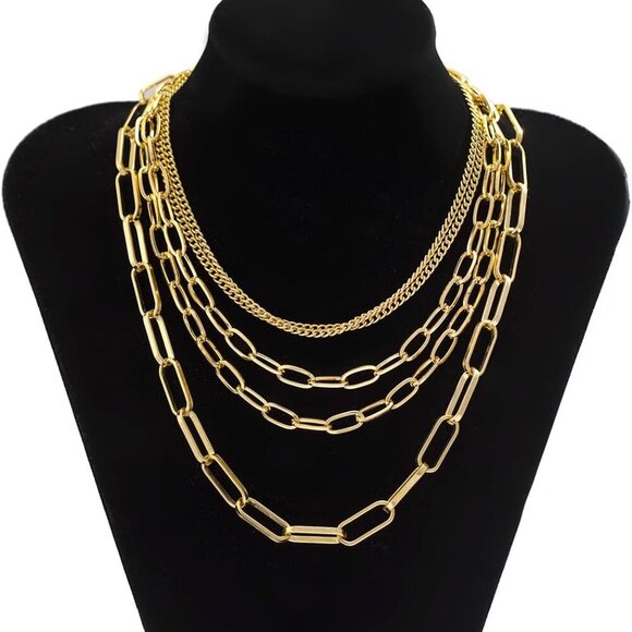 Layered Chain Necklaces for women 18 Inch Gold Plated Paperclip Chain Silver Ton - Picture 7 of 7